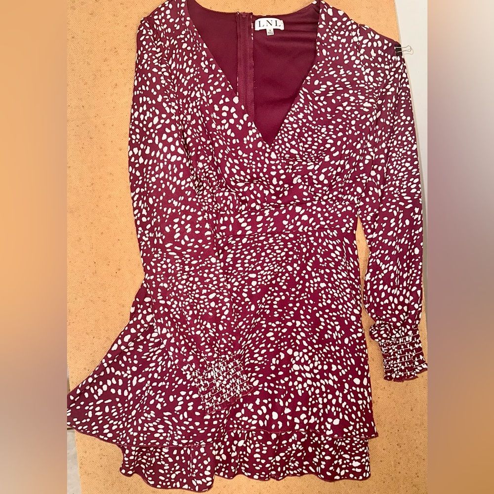 LNL brand, burgundy/white dotted, long sleeved dress. Juniors size 3